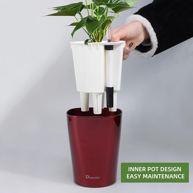 Dexceder 6x7 Self Watering Planter Indoor Outdoor, High Gloss Table Flower Plant Pot with Water Level Indicator (Wine Red)