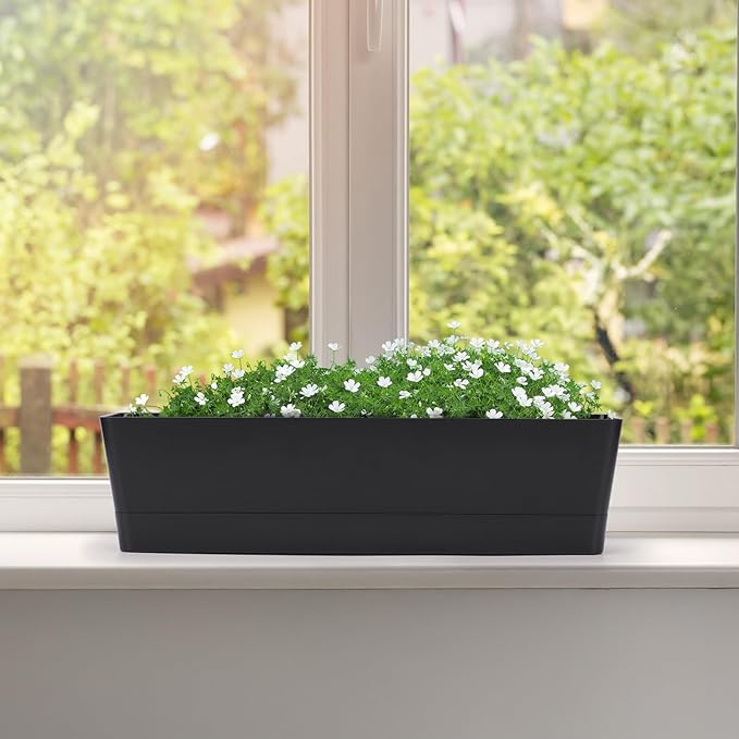 GREANER 3PCS 16x3.8 Inch Window Boxes Planters, Black Rectangle Planters Box with Drainage Holes and Trays, Herb Succulents Flowers Plastic Pot for Windowsill, Garden, Balcony, Indoor, Outdoor Decor