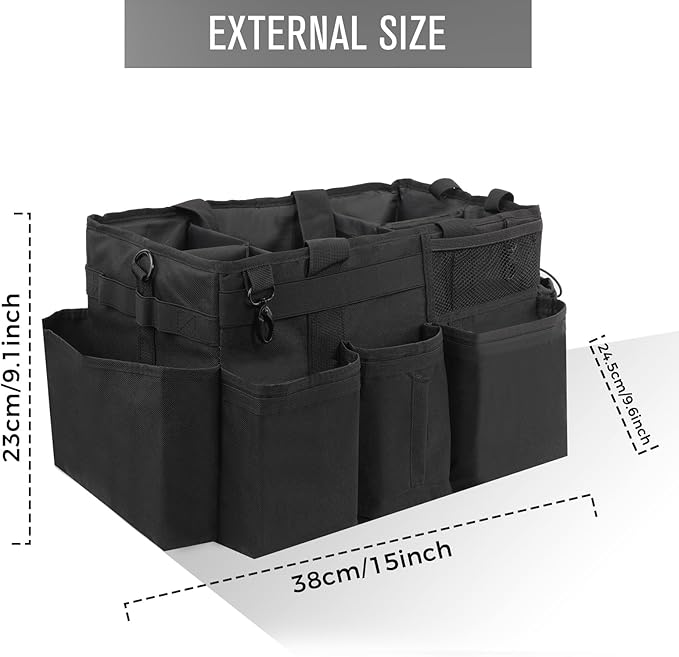 Wearable Cleaning Caddy Organizer with Handle & Shoulder Straps for Housekeepers, Under Sink & Car Cleaning Tool Organizer Bag with 4 Foldable Dividers (Black)
