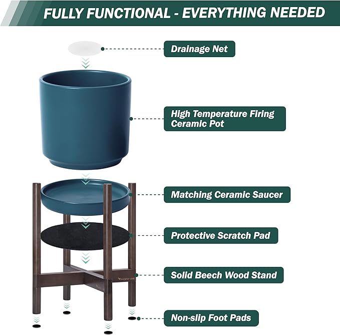 D'vine Dev Ceramic Planter with Walnut Color Stand - 12 Inch Modern Round Flower Pot with Wood Planter Holder, Teal, 55-B-W-4