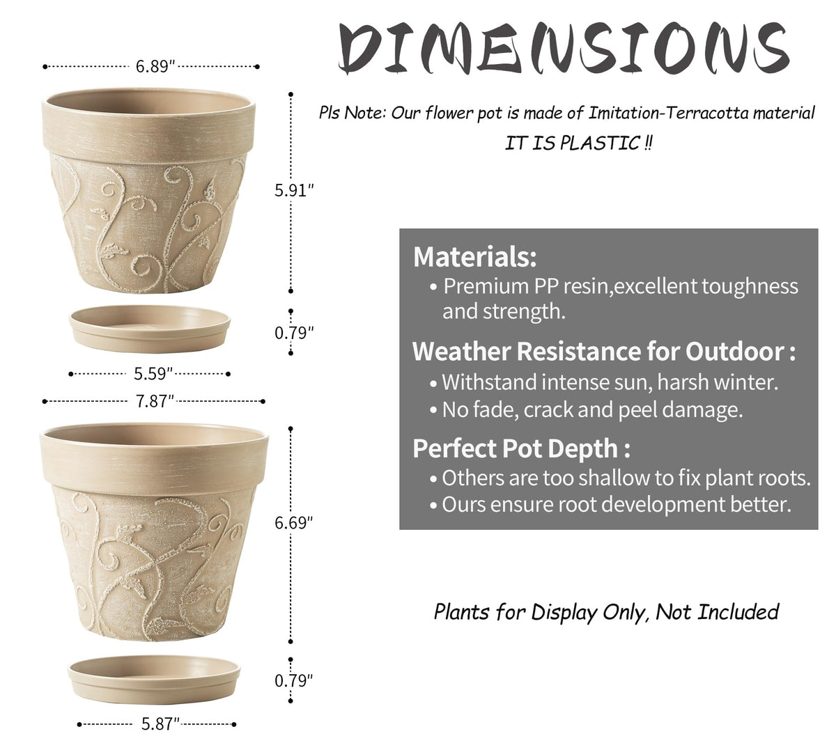 Melphoe Plant Pots Indoor with Drainage & Saucer, 2Pack 7/8 inch Flower Pots Outdoor Planters for Indoor Plants Garden Home Decor Cactus Succulent, Rigid Plastic (Imitation-Terracotta) Vine-Embossed