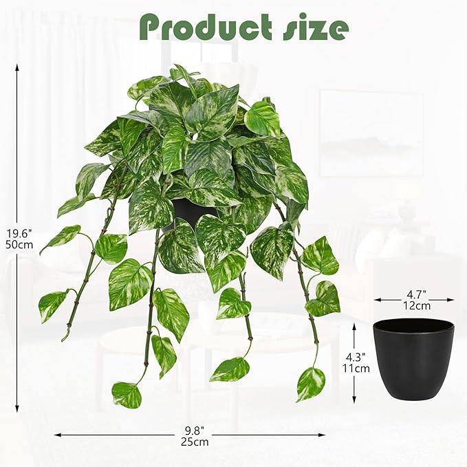 Hollyone Artificial Hanging Pothos Plants Potted Fake Ivy Faux Pothos Vine Leaves Hanging Greenery Plant in Black Pot for Home Indoor Tabletop Bedroom Patio Shelf Office Decor