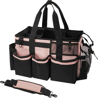 Wearable Cleaning Caddy, Cleaning Caddy Supplies Organizer with Handle & Shoulder Straps for Housekeepers, Under Sink & Car Cleaning Tool Organizers Bag with 4 Foldable Divider (Pink)