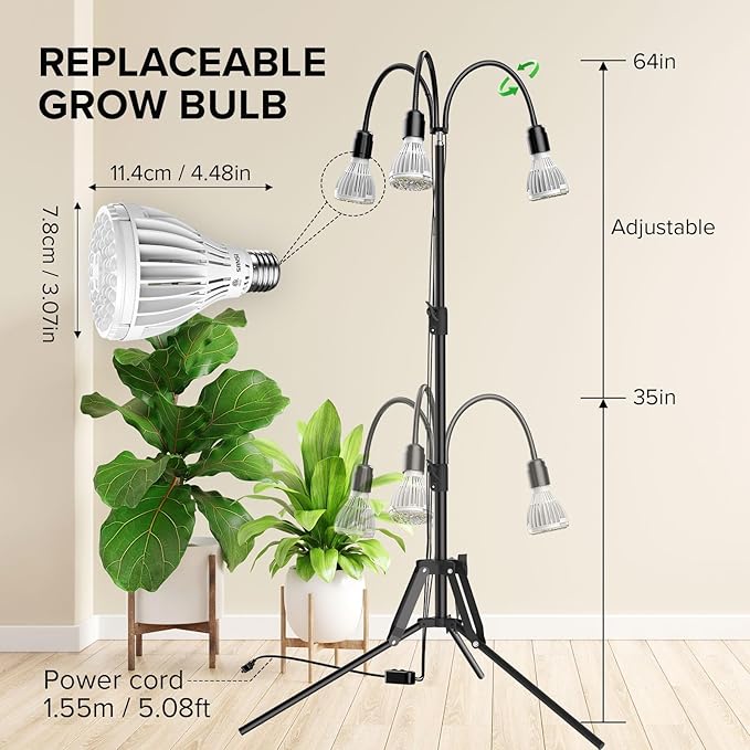 SANSI Grow Lights for Indoor Plants, 96W Full Spectrum Grow Light, No Dimmable 35-64 inches Detachable Tripod Standing Grow Lights, High PPFD 3 Pack of Par25 32W Bulb Plant Lights for Indoor Growing