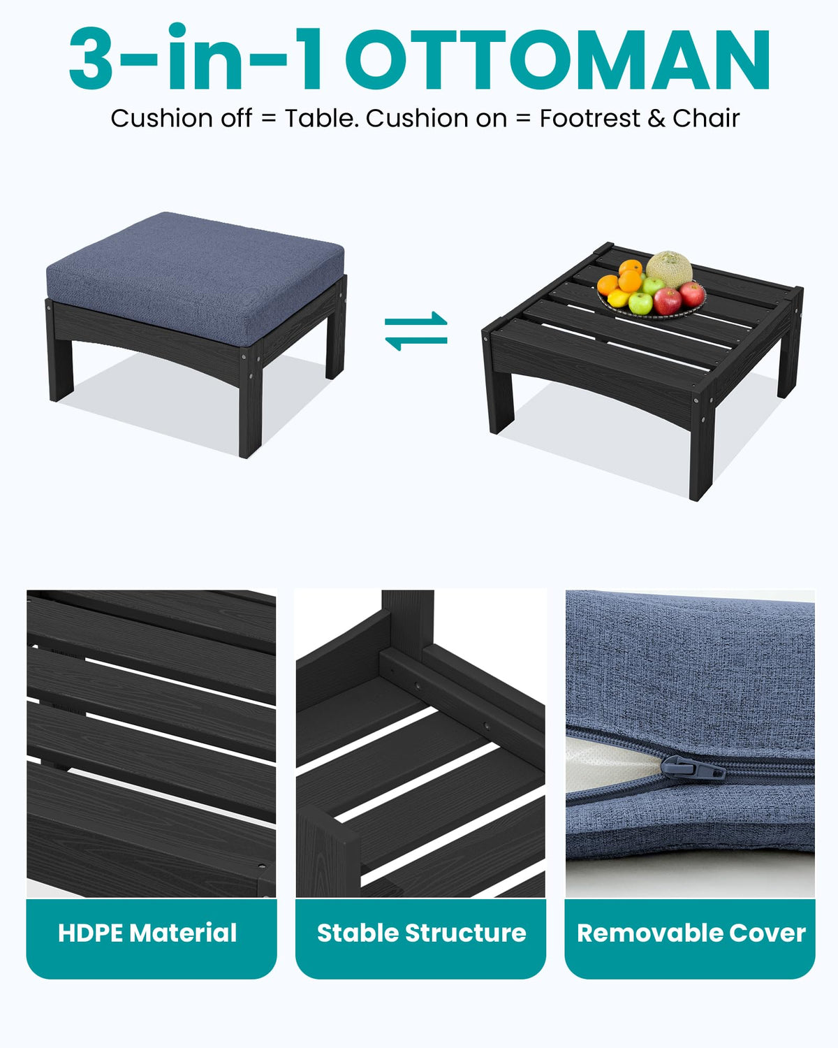 SERWALL 5 Piece HDPE Outdoor Sectional Sofa with Ottoman and Table, Black