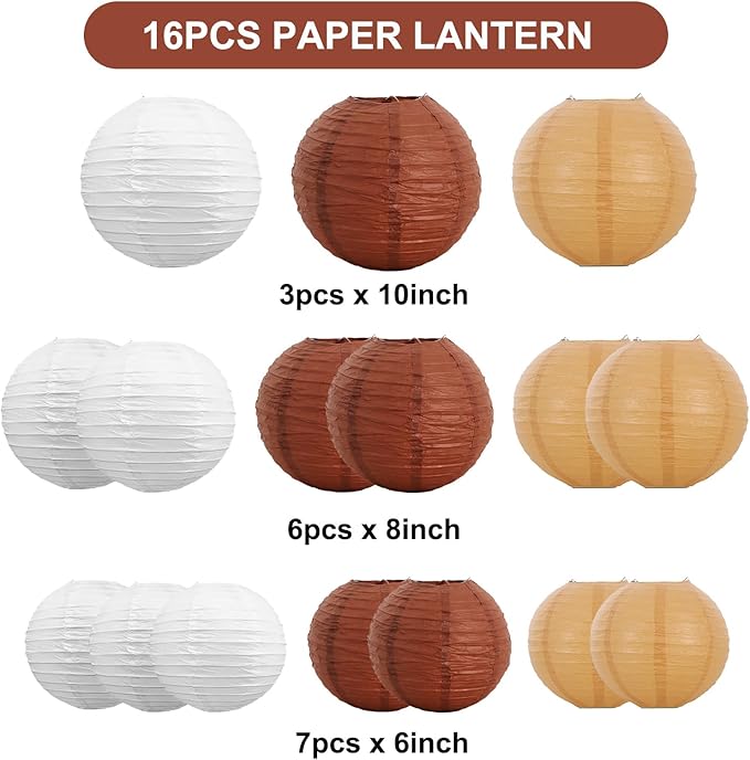 BEISHIDA 16 Pcs Brown Mix Paper Lanterns,Hanging Decorative Chinese Japanese Round Paper Lantern Lamp for Bachelorette Party Father's Day Retirement PartyDecoration