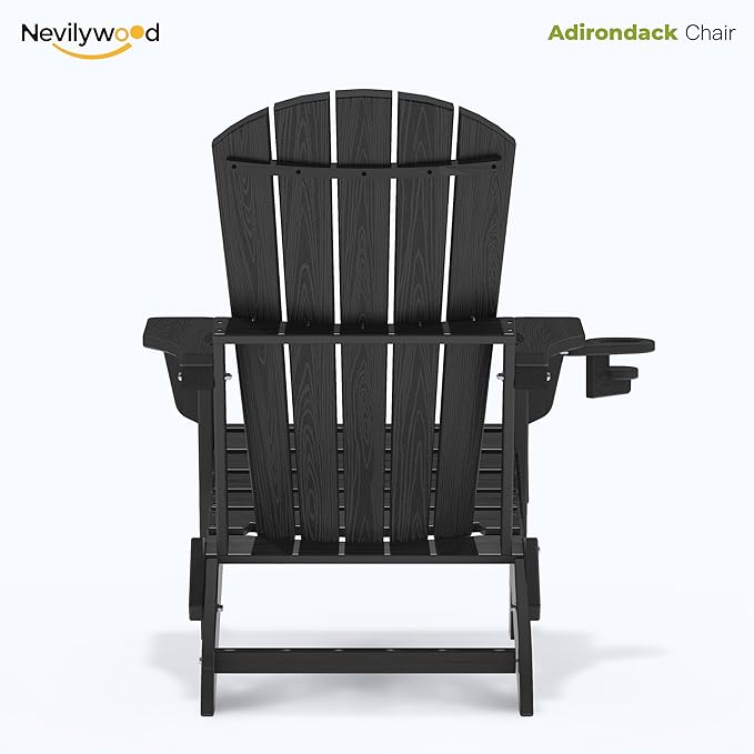 nevilywood Folding Adirondack Chair with Cup Holder Set of 4, HDPE Patio Chairs,All-Weather Outdoor Chairs for Backyard, Deck,Fire Pit-Black
