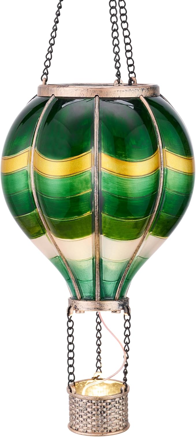 TERESA'S COLLECTIONS Hot Air Balloon Solar Lantern for Outdoor Garden Decor, Hanging Flickering Flame Outdoor Lights for Trees, Green St Patrick's Day Decorations for Party Father's Gift