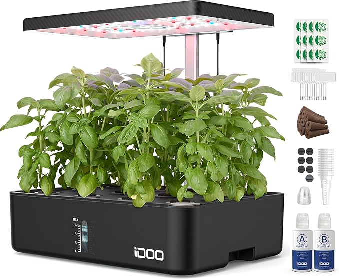 iDOO Hydroponics Growing System Kit 12Pods, Indoor Herb Garden System, with LED Grow Light, Built-in Fan, Auto-Timer, Adjustable Height Up to 11.3", for Home School, for Women Mom
