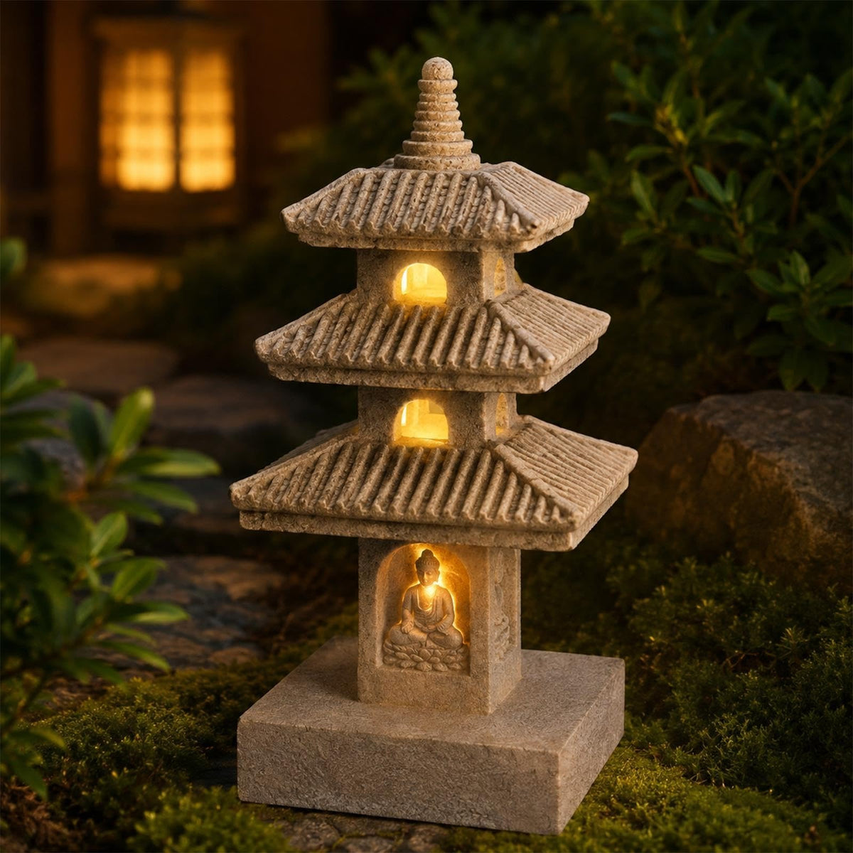 Asian Solar Zen Pagoda Garden Statue, Lawn Ornaments Indoor Outdoor Decor