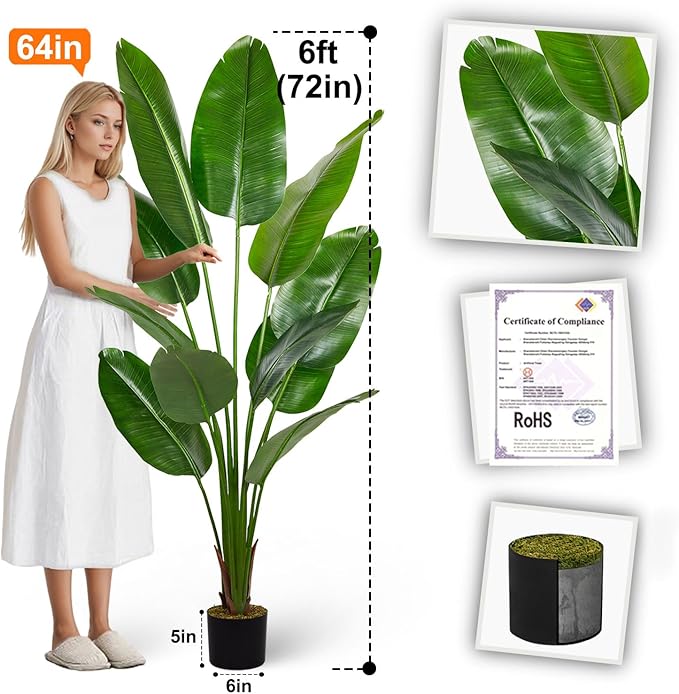 Aveyas 6ft Artificial Bird of Paradise Tree for Home Decor, 6 Feet Faux Floor Plant Fake Silk Banana Leaf Tropical Trees with Pot for Indoor Outdoor House Living Room (6 ft Tall)