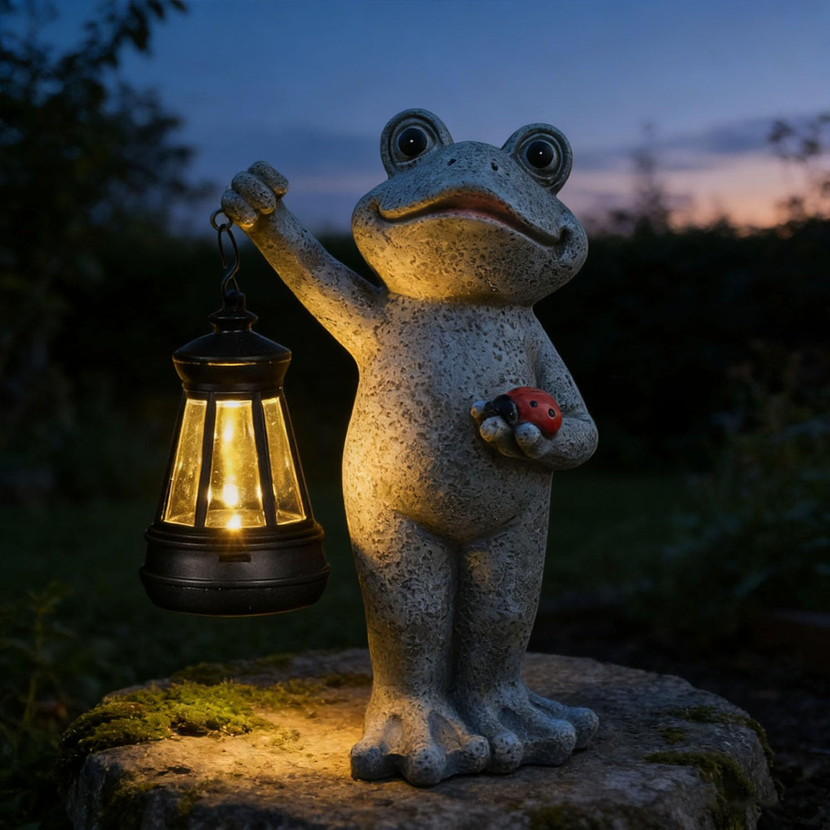 Yewanye Solar Frog Garden Statue, Resin Figurine with Ladybug & Hanging Solar Lantern Outdoor Decor