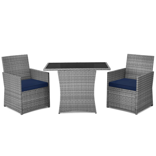 DORTALA Wicker Outdoor Bistro Set 3 Piece, Patio Furniture Set for Small Space with Table & Dining Chairs, Rattan Conversation Sofa Set for Balcony, Porch, Backyard, Deck, Navy
