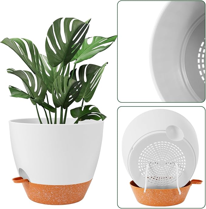 GARDIFE 12 inch planters, Plant Pots,Self Watering Pots, 2 Pack Large Plastic Flower pots with Deep Reservior and High Drainage Holes for Indoor Outdoor Plants and Flowers, White