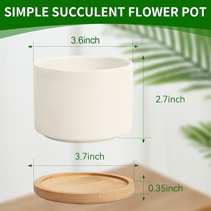 ZOUTOG Ceramic Succulent Pots,4 Inch Plant Pots,Succulent Planters with Drainage Hole & Bamboo Tray for Indoor Plants,White Small Flower Planters for Home,Office,Desk(6 Pack)