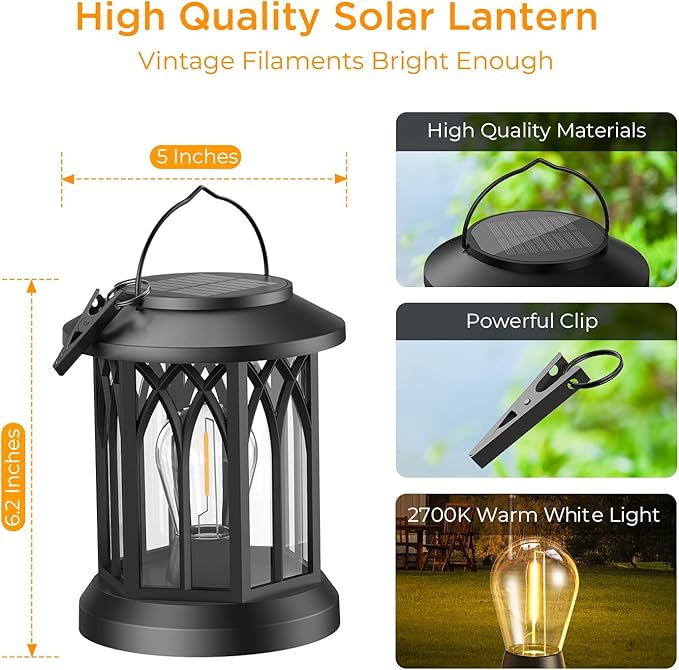 WdtPro Solar Lanterns Outdoor Waterproof, Upgraded Bright Hanging Solar Lights for Outside,Solar Powered Lanterns Lighting LED for Garden Patio Yard Decorative 6 Pack (Warm Light)