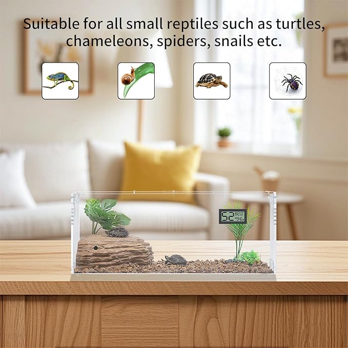 Giznzg Acrylic Tarantula Enclosure, Reptile Terrarium Breeding Tank w/Temperature Hygrometer,Habitat Reptiles Feeding Box Isopod Terrarium Cage for Insect Lizard Home Office (Reptile-Tank-S(No Tray))