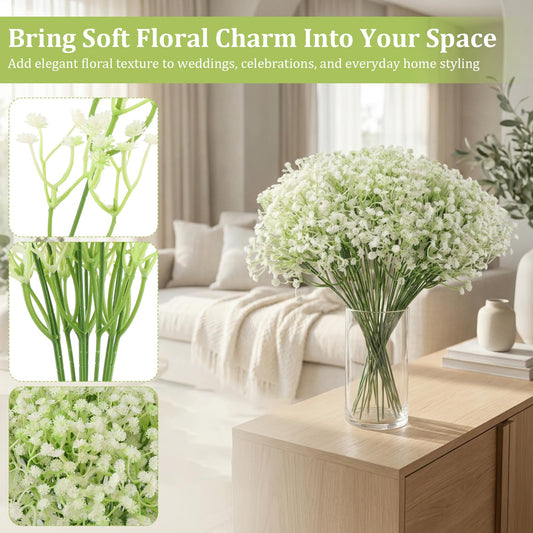 BOYXIENQ 60 Pcs Babys Breath Artificial Flowers, White Gypsophila Flowers, Artificial Bulk Real Touch Faux Greenery Plants DIY Flores Bouquet for Wedding Floral Party Outdoor Garden Home Decor