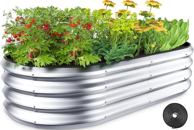 Raised Garden Bed Kit, 4x2x1 ft Galvanized Planter Box Outdoor with Safety Edging, Large Metal Raised Beds for Gardening Vegetables Flower Herb (Silver)