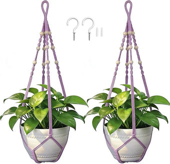 EJGIEGSO Macrame Plant Hanger, Up to 4-15 inch Pots, Wood Beads Cotton Hanging Planter Holder for Indoor Outdoor Boho Home Decor, 35 Inch, Set of 2 (Purple)