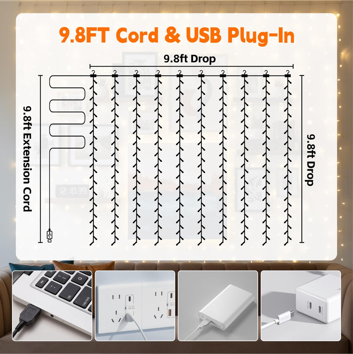 SINAMER Curtain String Light, 300LED 9.8x9.8ft, Remote & 8 Modes, USB