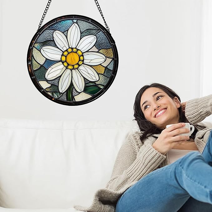 HWRHTR Stained Glass Window Hanging - Yellow White Daisy Birth Flower Suncatcher for Door Garden Yard Sun Catchers Decor Christmas Mother's Day Birthday Gifts for Teacher Women Mom Nana 7.8 in