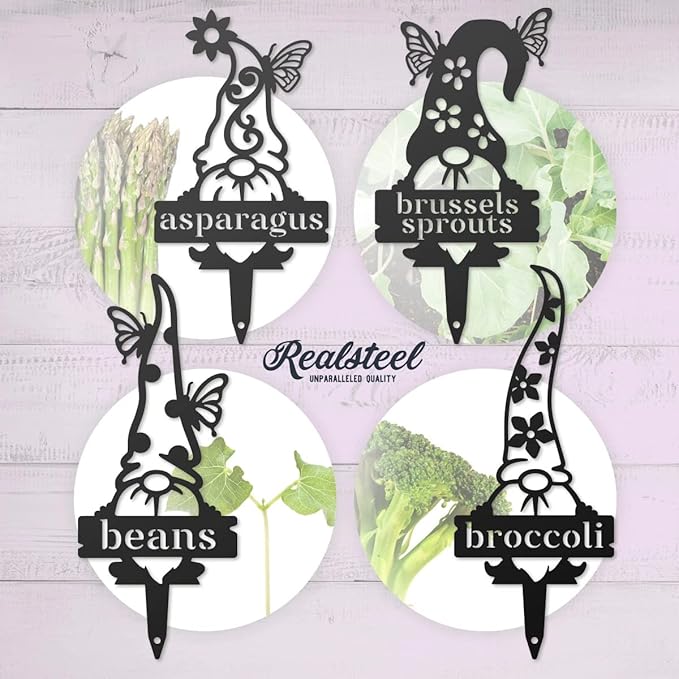 RealSteel Brand, Gnome Plant Markers for Outdoors, Garden Labels Metal Stake, Plant Tags, Garden Sign for Vegetables, Outdoor Decorations, Yard and Gardening Gift - Radish