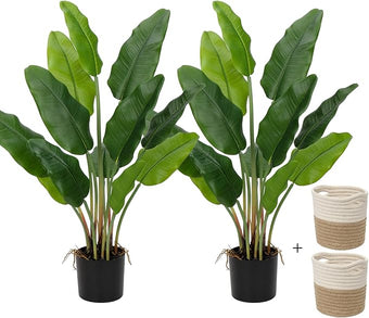 Hollyone 2pcs Large Artificial Bird of Paradise Plant in Pot, 30" Fake Palm Tropical Ferns Potted Plants, 2.6ft Faux Plantain Banana Leaf Plant for Indoor Outdoor Home Garden Decoration