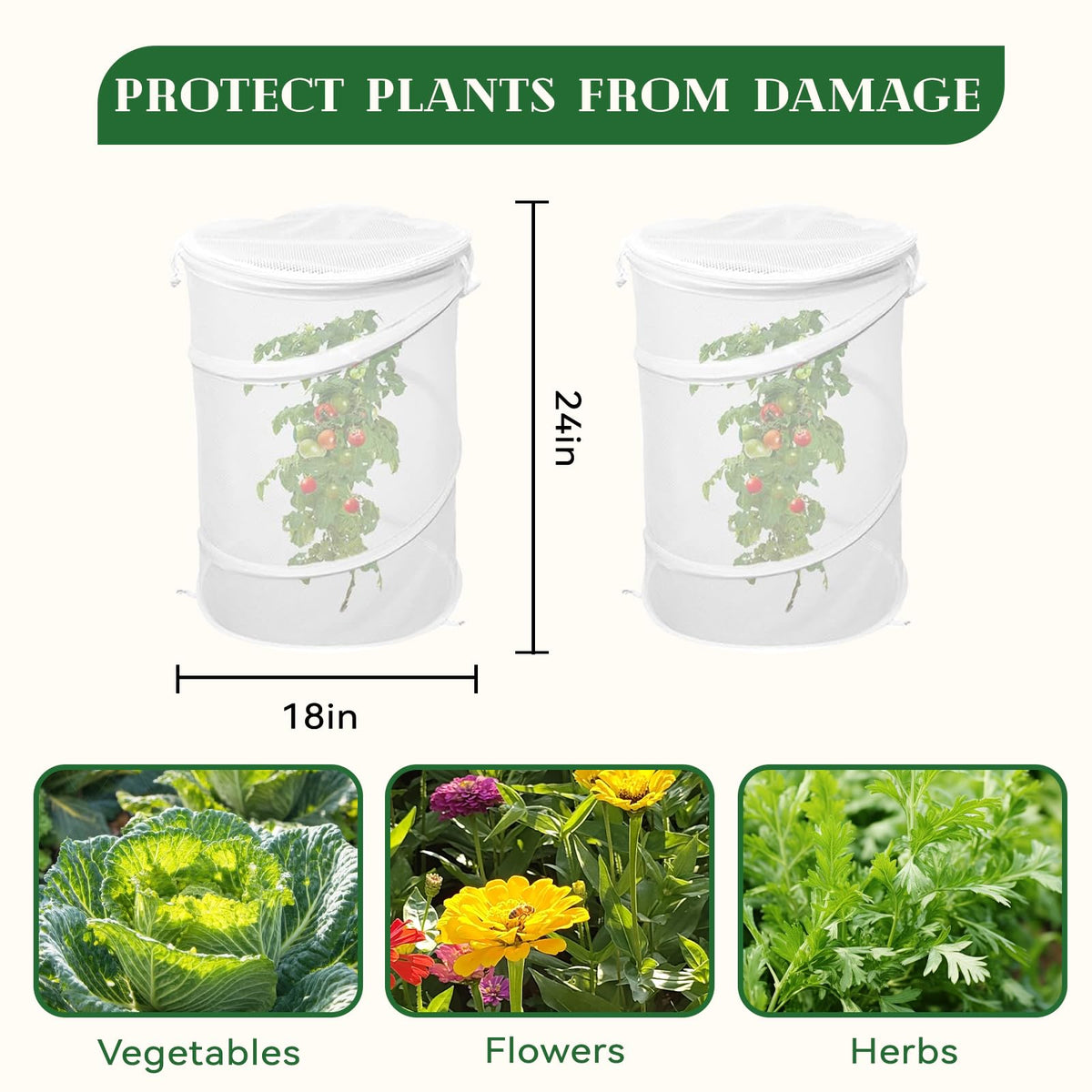 2-Pack Pop Up Plant Covers, Heavy Duty 18"x24" Mesh Plant Cover & Garden Cloche with Ground Stakes, Windproof Plant Protector Tent for Tomato & Strawberry (Protection from Birds & Animals)