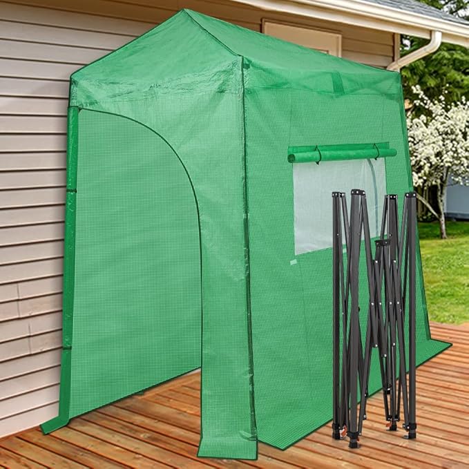 EAGLE PEAK Instant Pop-up Greenhouse, Indoor Outdoor Plant Gardening Green House, Roll-Up Zipper Doors and Side Windows, Lean-to 9x4 ft, PE Cover, Green/Clear