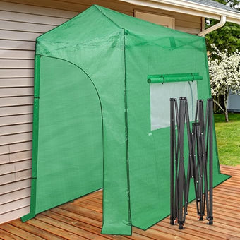 EAGLE PEAK Instant Pop-up Greenhouse, Indoor Outdoor Plant Gardening Green House, Roll-Up Zipper Doors and Side Windows, Lean-to 9x4 ft, PE Cover, Green/Clear