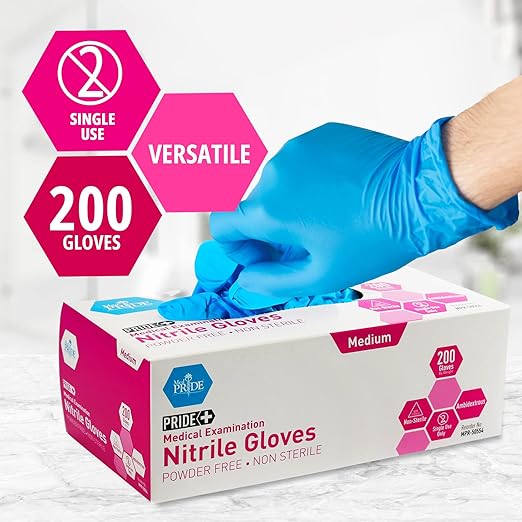 Medpride Medical Examination Nitrile Gloves, Large, Blue, Latex/Powder-Free, Non-Sterile, 200 Count