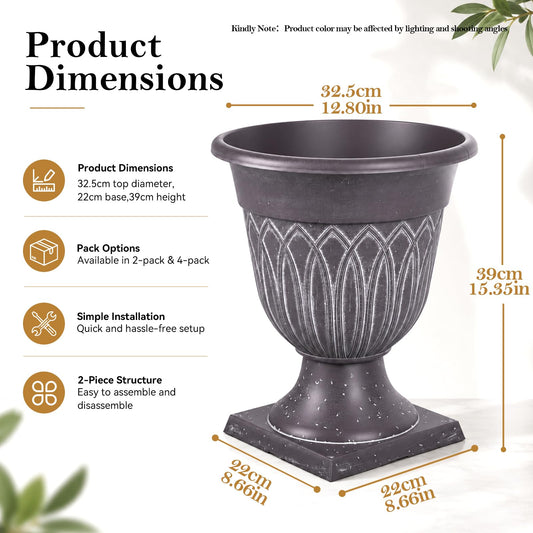 2Pcs 15.3" Tall Flower Pots Large Planters, Round Resin Urn Planter B-style