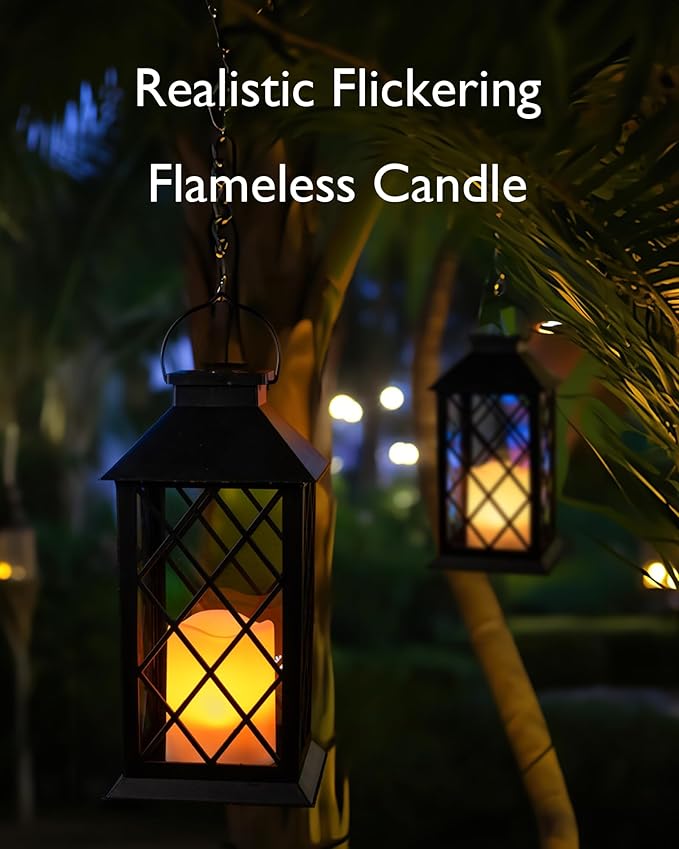 Homemory Solar Lanterns Outdoor Waterproof Hanging with Flickering Flameless Candles, 2 Pack 13'' Garden Outdoor Lantern Decorative for Patio Front Porch Backyard Balcony Cabin Outside Table(Black)