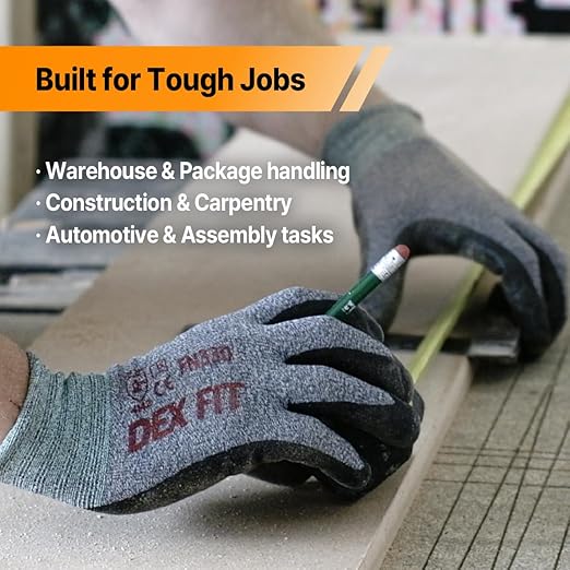DEX FIT Nitrile Work Gloves FN330, 1 Pair, 3D-Comfort Stretchy Fit, Firm Grip, Thin & Lightweight, Touch-Screen Compatible, Durable, Breathable & Cool, Machine Washable; Black Grey S (7)