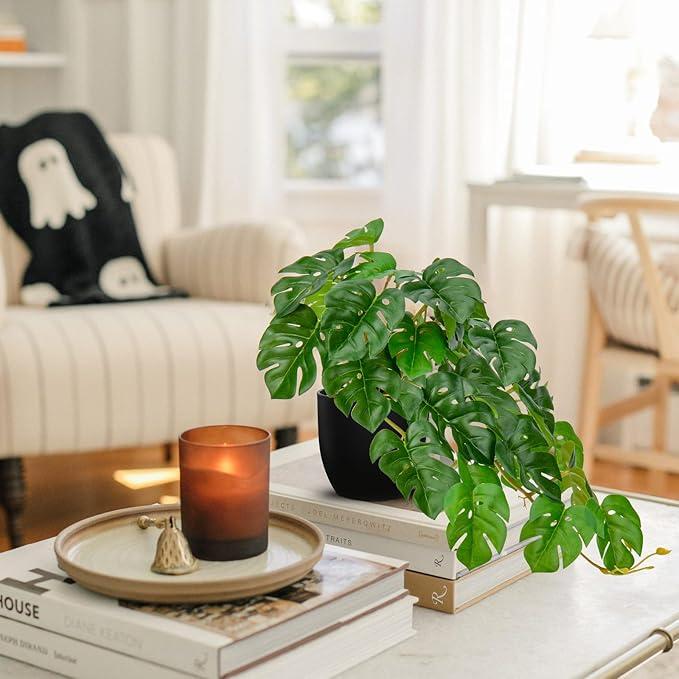 DILATATA Fake Plants Indoor 8 Inch Artificial Monstera Plant in Black Plastic Pot - Faux Potted Tropical Palm Plant for Home Aesthetic Decor Living Room Shelf Office