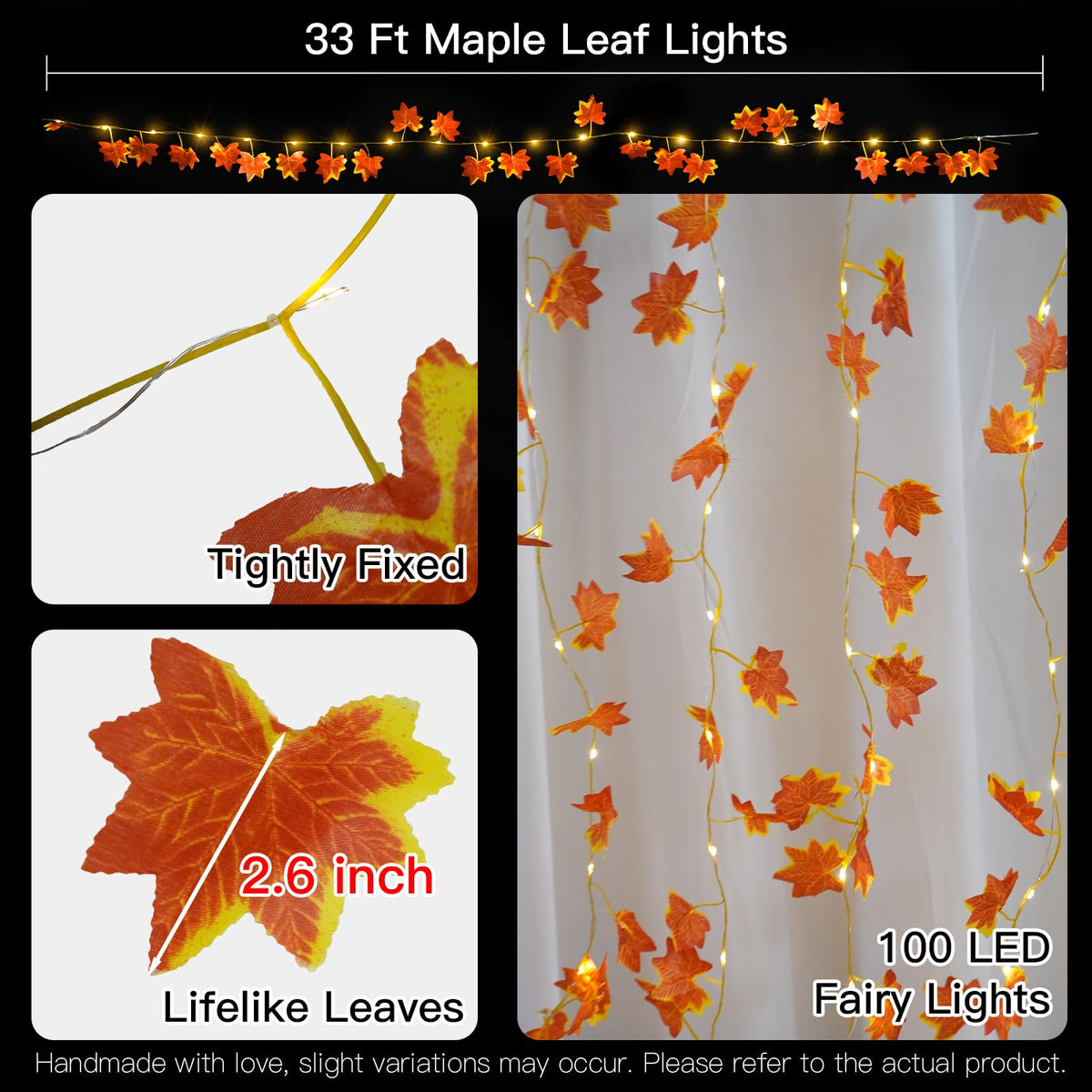 suddus 33FT 100 LED Maple Leaf String Lights Battery Operated Copper Wire