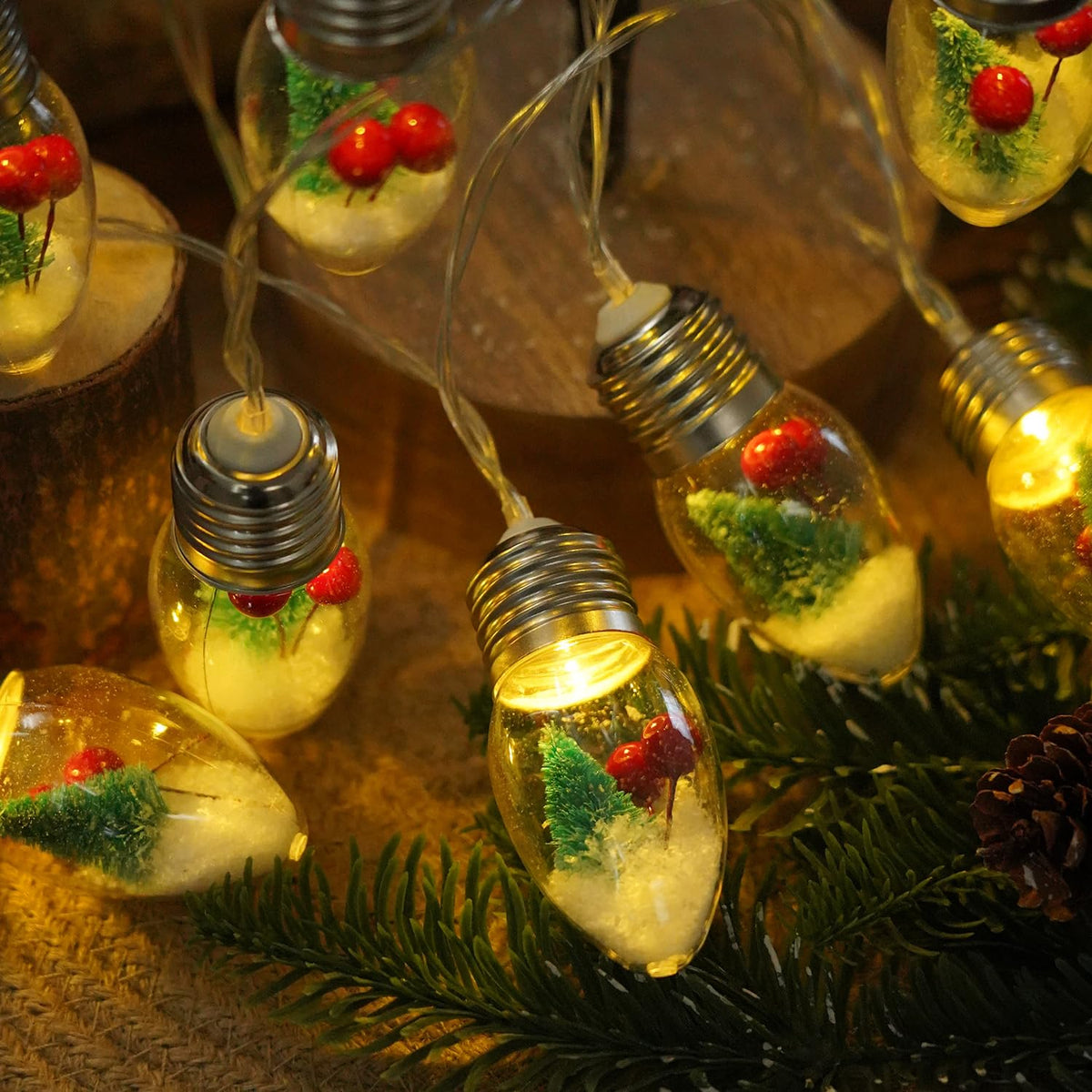 HFXXAD Christmas Snow Globe String Lights Indoor Decorations, 10 LED Clear Bulbs String Lights with Christmas Tree & Berry for Home Bedroom Fireplace Xmas Lights(6.6FT)