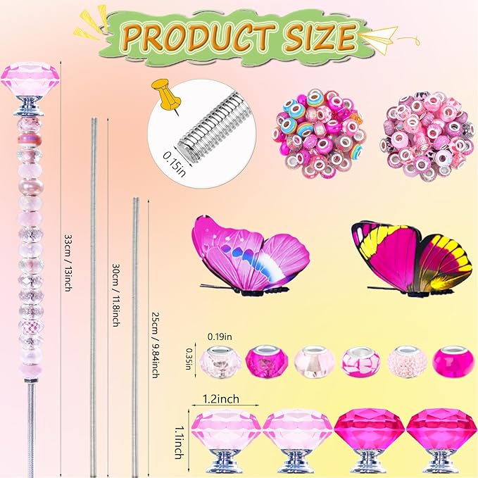 145 PCS Beaded Garden Stakes Kit, DIY Fairy Wand Garden Stake Beads Kits with Assortment Large Hole Beads 4 Crystal Stopper Top 2 Colored Butterfly Tops and Threaded Rods for Outdoor Indoor Decor