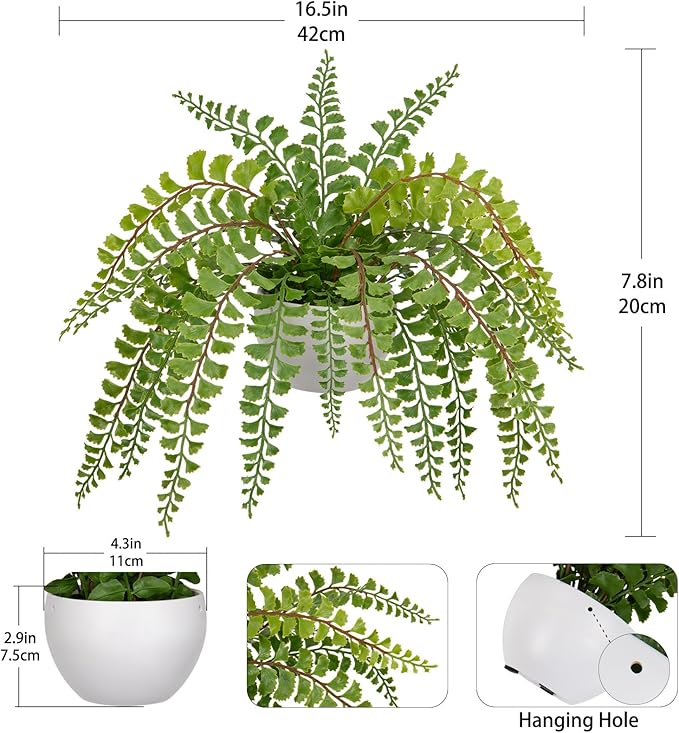 Hollyone Artificial Fern Potted Plant for Outdoors Indoors Lifelike Faux Boston Fern Artificial Plants in White Pot for Garden Patio Home Farmhouse Windowsill Office Decoration