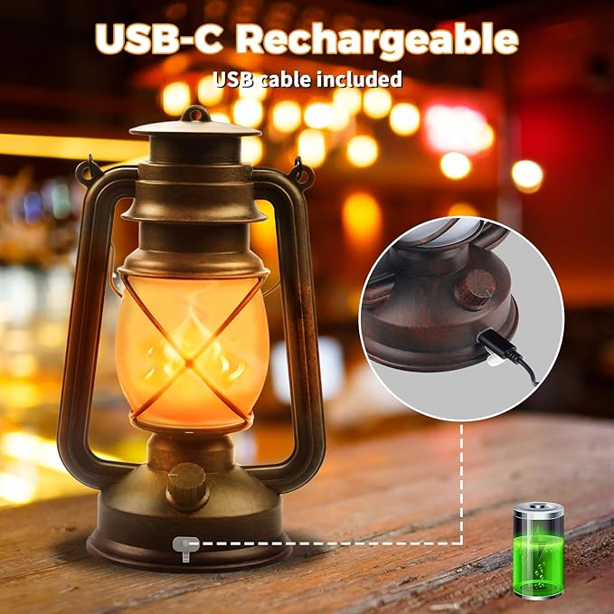 2 Pack Bronze Vintage 4 Modes Light LED Lanterns，Rechargeable Dancing Flame Lanterns Decorative Outdoor&Indoor, Remote Control Waterproof Hanging Lights for Camping,Patio Garden Pathway