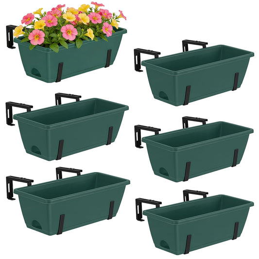 CADUKE Window Deck Railing Planter Box for Outdoor 6 Pack 17 Inch Deck Railing Planter Boxes Plastic Hanging Flower Planters Box with Adjustable Brackets Green