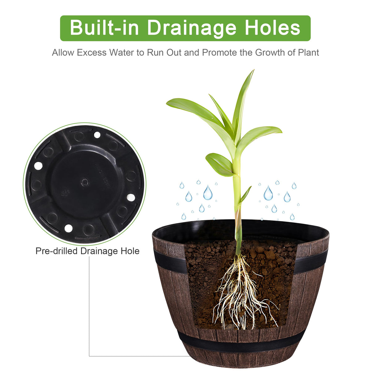 VECELO Plant Pots with Drainage Holes & Saucer, 9/11.3/13 Inch Flower Pots with Tray, 3 Pack Plastic Whiskey Barrel Planters for Indoor & Outdoor Garden Home Plants and Flowers