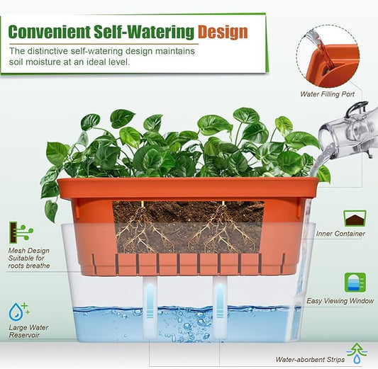 OurWarm Windowsill Herb Planter Box, Set of 3 Self Watering Plant Pots, 10.5 Inch Rectangular Planter Pot, Decorative Garden Flower Pots for Indoor Plants, Herbs, Vegetables, Flowers (3 Colors)