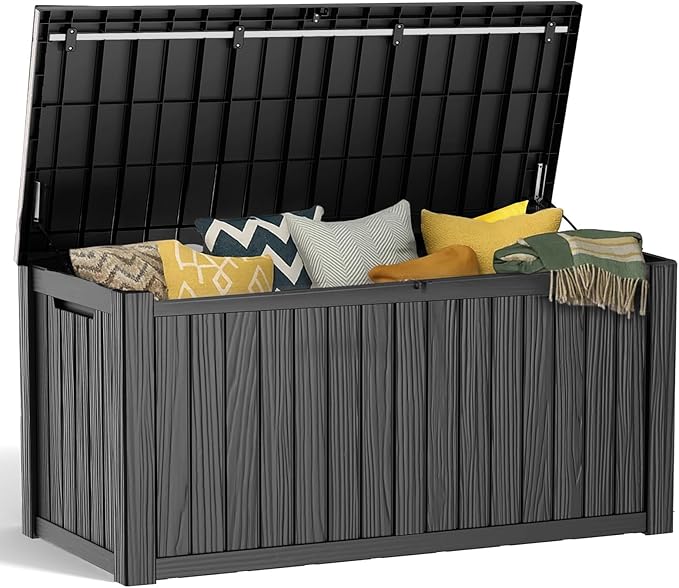 150 Gallon Resin Deck Box, Lockable Patio Outdoor Storage Box for Furniture, Garden Tools and Tools Storage, Waterproof Outside Storage Boxes - Black
