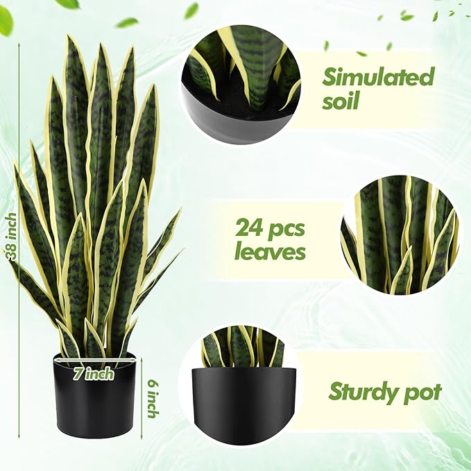 Crowye 4 Pack 2.25 Ft Tall Artificial Snake Plant Faux Sansevieria Plant Large Fake Snake Bulk in Pot for Home Office Housewarming Gift