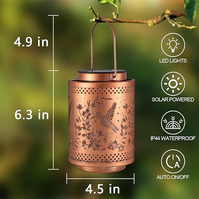 Hummingbird Solar Lanterns Garden Decor Birthday Gifts for Women Mon Grandma Metal Hanging Solar Lights Waterproof Outdoor Decoration for Outside LED Lanterns for Yard Patio Lawn Pathway Landscape