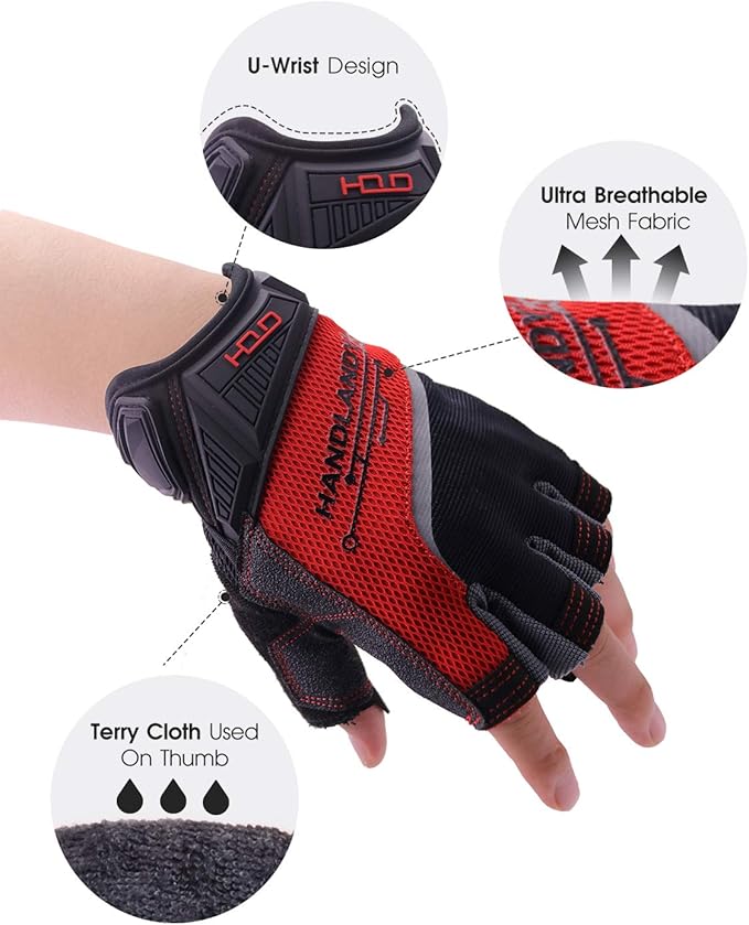 HANDLANDY Fingerless Work Gloves for Men and Women Utility Padded Half Finger Driving Working Gloves (XX-Large, Red)