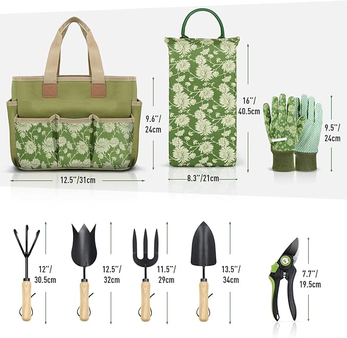 Colwelt Garden Tools Set, 8 Piece, Heavy Duty Gardening Tools with Wooden Handle, Including Garden Tote, Kneeling Pad, Gloves, Pruner, Trowel, Tulip Trowel, Cultivator - Gardening Gifts for Women Men
