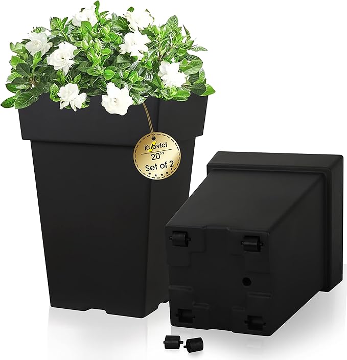 kubvici 20 Inch Tall Planters for Outdoor Indoor Plants, Set of 2 Large Plastic Plant Pots Flower Pot Outdoor Planter for Front Porch Door Balcony Deck with Drainage, with Removable Wheel, Black 20"